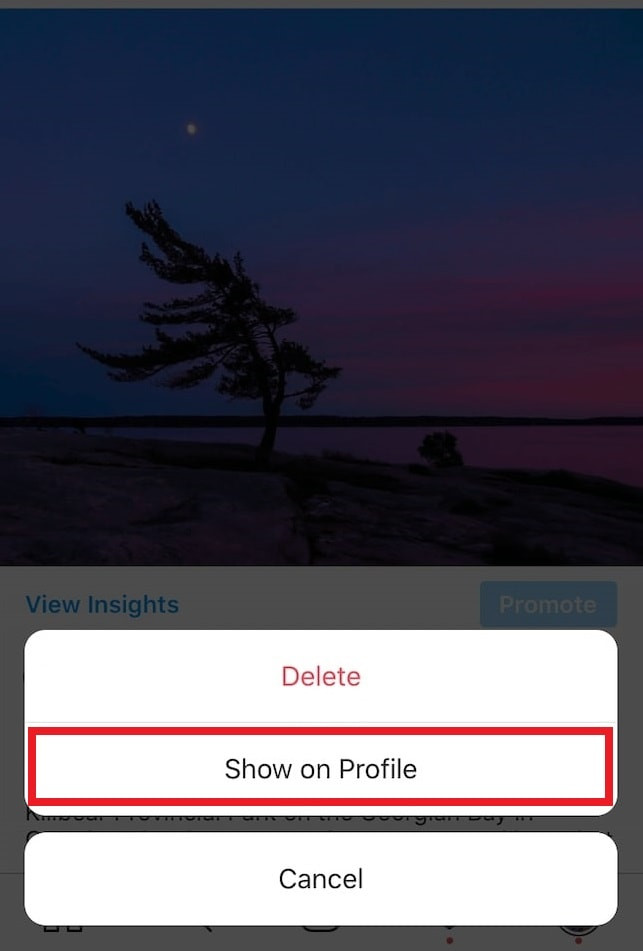 alt text: Screenshot of the Instagram archive feature with options to restore a post.