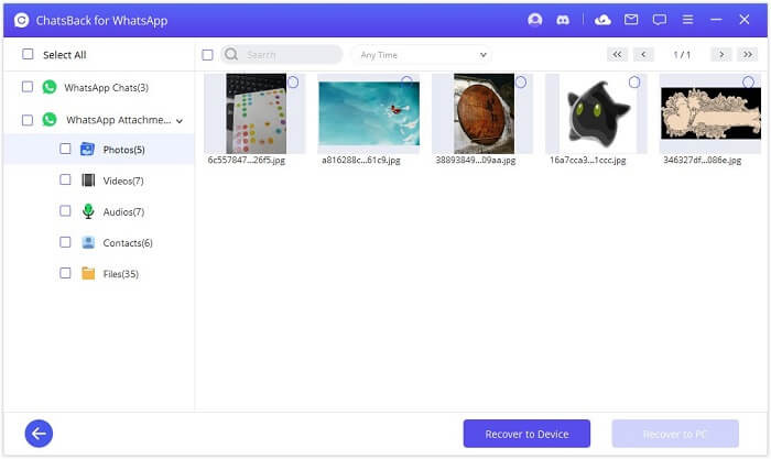 ChatsBack for WhatsApp preview screen, showing a list of recoverable WhatsApp photos, including potential &quot;view once&quot; images.