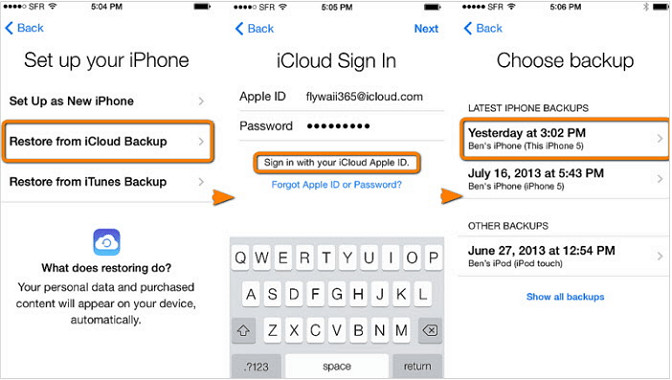 The &quot;Apps &amp; Data&quot; screen on iPhone during setup, highlighting the &quot;Restore from iCloud Backup&quot; option for recovering data.