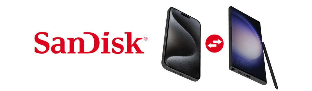 SanDisk Wireless USB Drive and phone, illustrating wireless photo transfer via a portable drive.