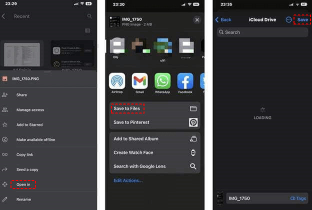 alt text: iPhone displaying the 'Save to Files' option from Google Drive