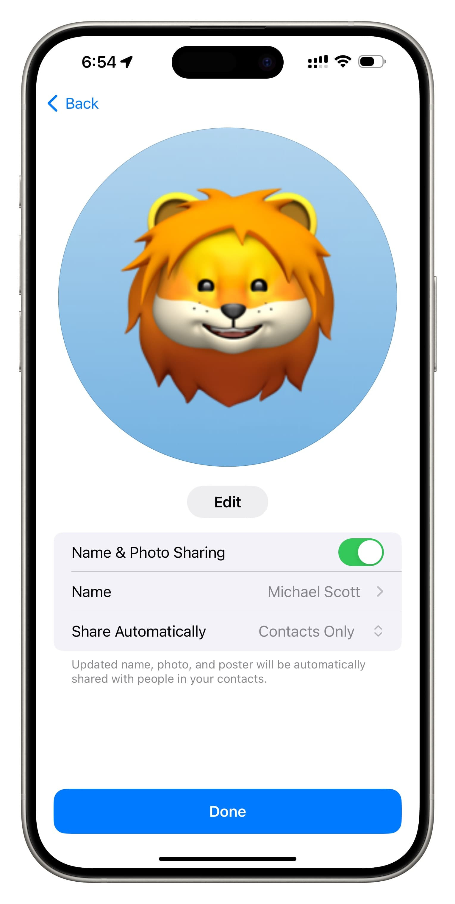Save new name and photo for iMessage on iPhone settings screen