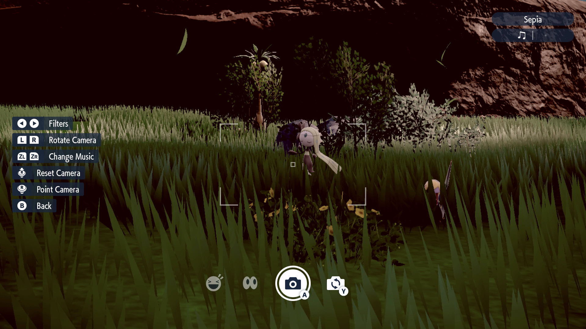 Meloetta appearing through the Rotom Phone camera with the Sepia filter activated.