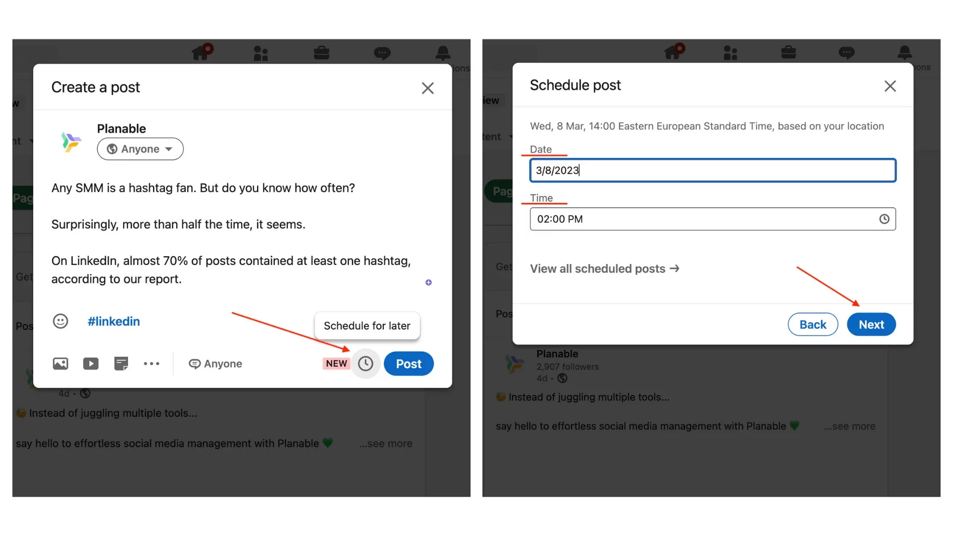 alt text: Screenshot of LinkedIn's scheduling options for posts, allowing users to choose a specific date and time for publishing.