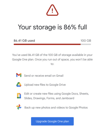 Google Drive storage almost full warning