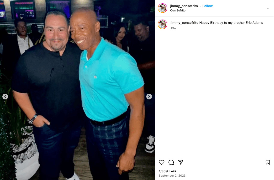 Mayor Eric Adams with Richard Caban, owner of Con Sofrito and brother of Police Commissioner Eddie Caban.