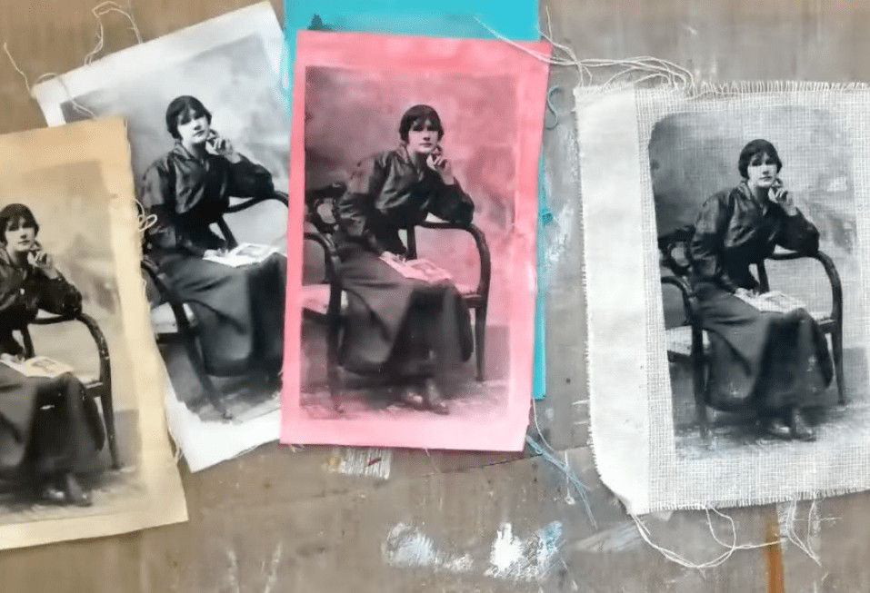 Demonstration of using a heat gun to quickly dry matte medium in fabric photo transfer process