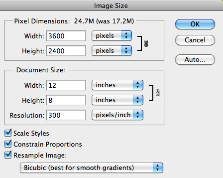 Adjusting the dimensions in the Image Size dialog box