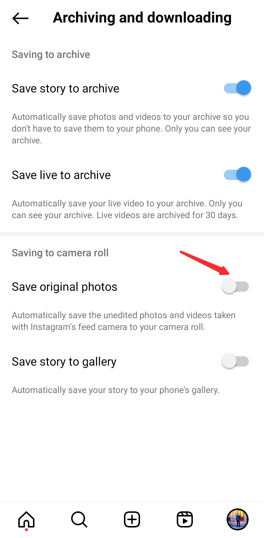 Instagram &quot;Archiving and downloading&quot; settings screen with &quot;Save Original Posts&quot; toggle turned off.