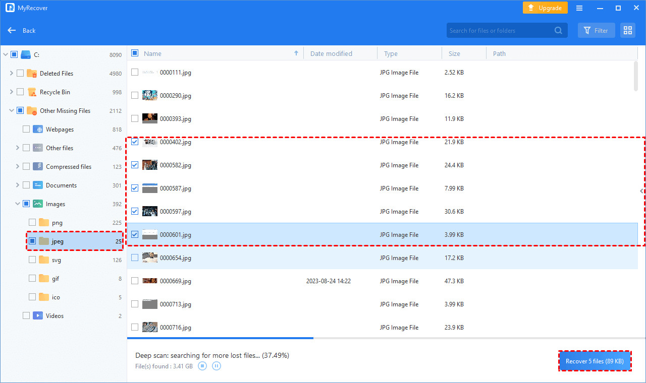Choose deleted Facebook photos to recover and restore