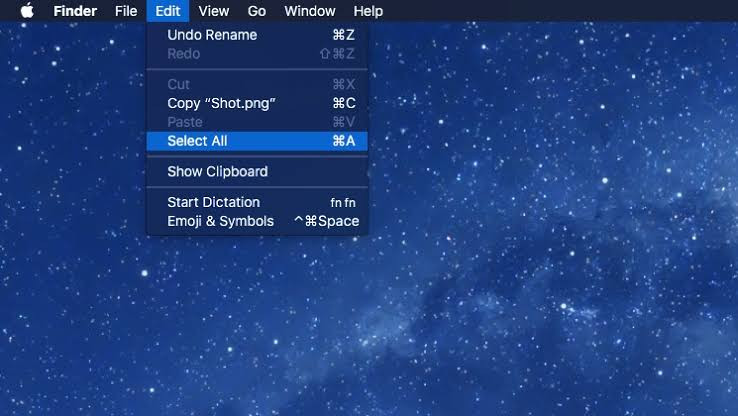 Selecting all photos using the Finder Edit menu