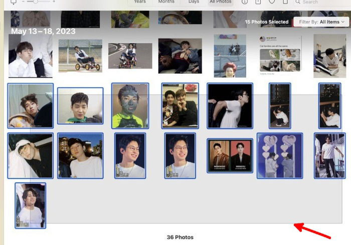 Clicking and dragging to select multiple photos