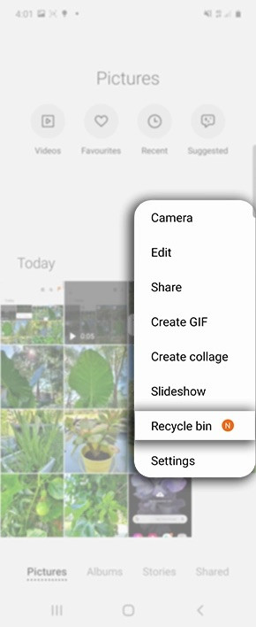 Select Recycle Bin option in Samsung Gallery app