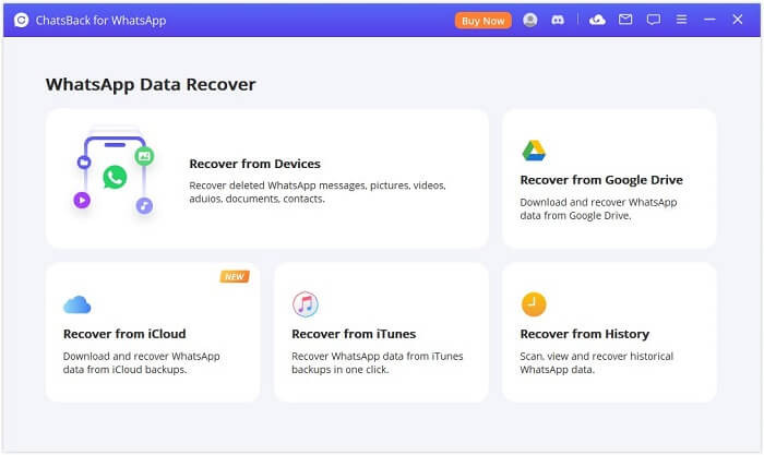 ChatsBack for WhatsApp interface displaying different recovery mode options, including device storage and iTunes backup.