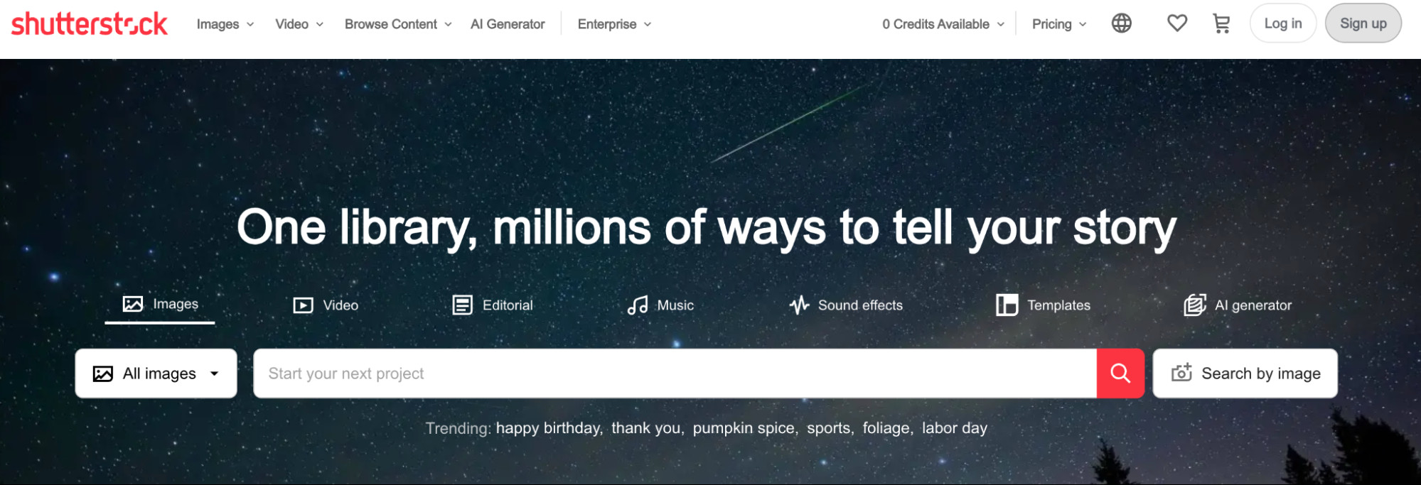 Shutterstock homepage, a gateway for users seeking royalty-free images, videos, and music.