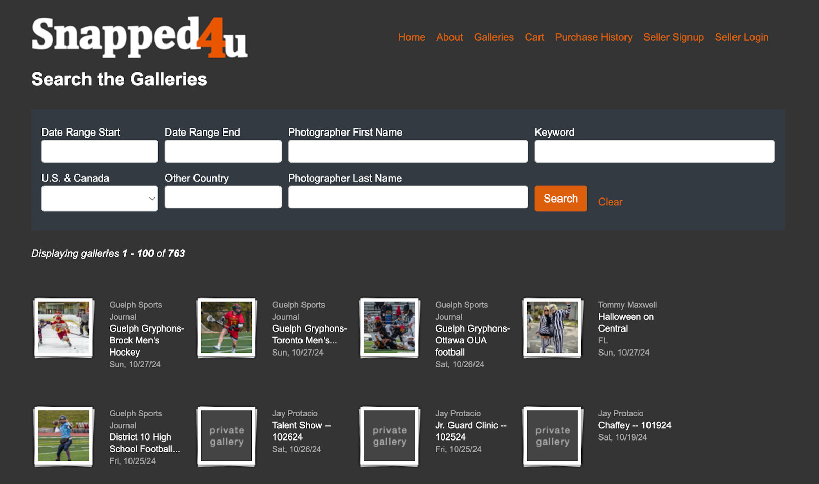 Snapped4U homepage showing photos from sports photographers, emphasizing a large microstock library with diverse content.