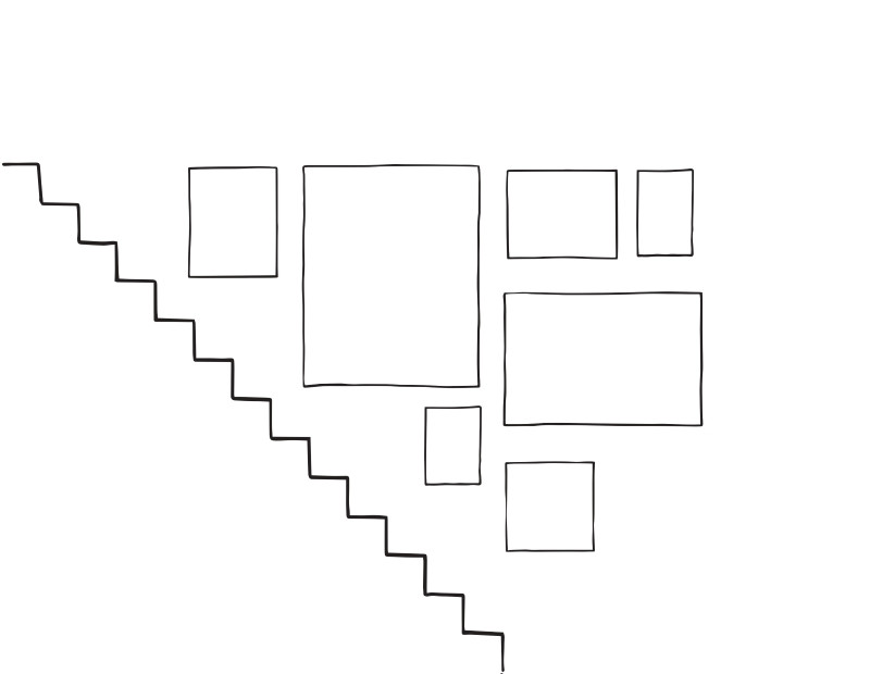 Gallery wall arrangement sketch featuring 7 frames, including 2 large statement pieces, designed for staircase walls