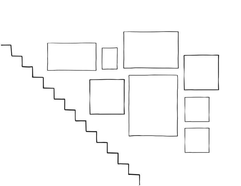 Gallery wall arrangement sketch with 8 frames in a balanced layout, suitable for a medium-sized staircase wall