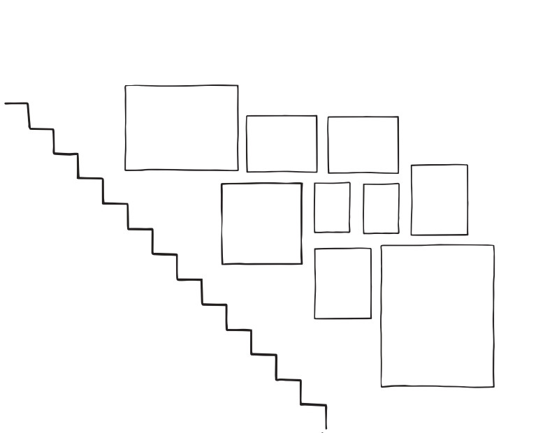 Gallery wall arrangement sketch presenting 9 frames in a slightly asymmetrical design, adding visual interest to staircase decor