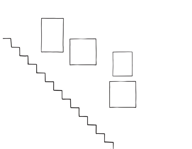 Gallery wall arrangement sketch using 4 frames for a minimalist staircase gallery wall, perfect for smaller spaces