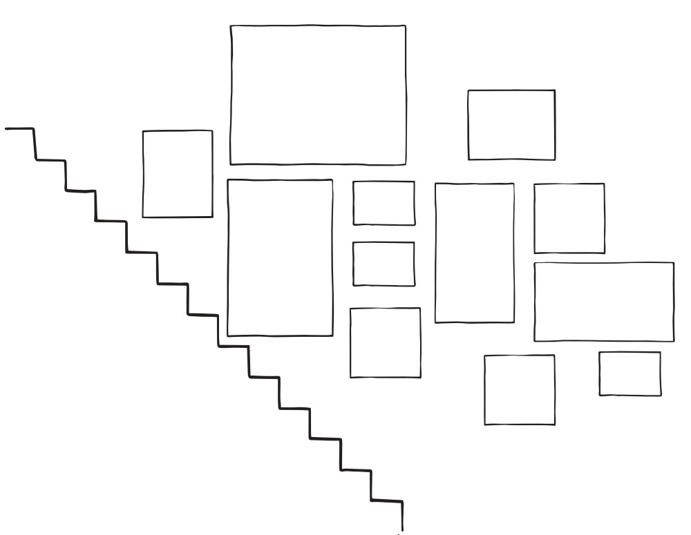 Gallery wall arrangement sketch displaying 12 frames in a grid-like pattern, offering a structured look for staircase walls