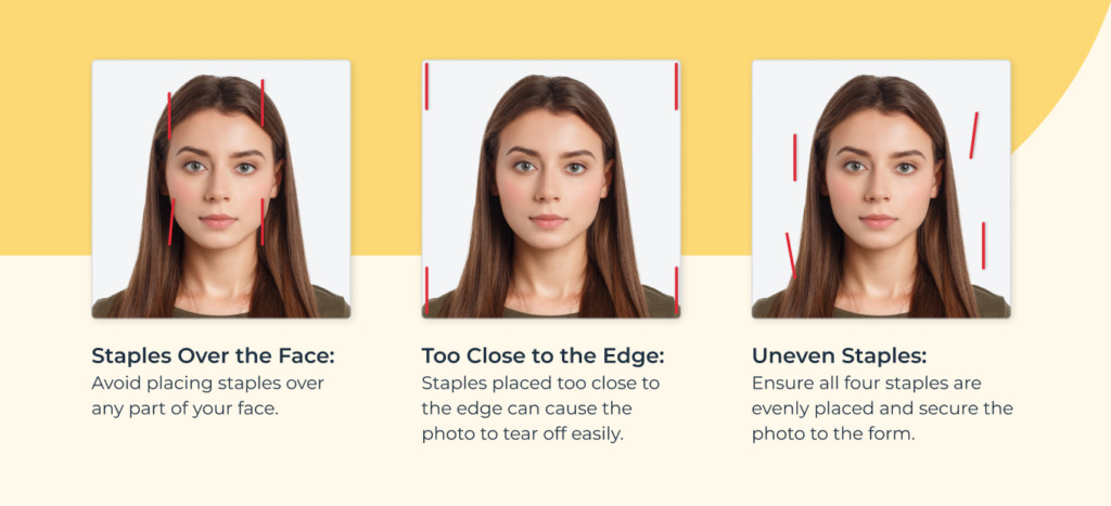 Three examples of incorrectly stapled passport photos, including staples covering the face and photo not securely attached.