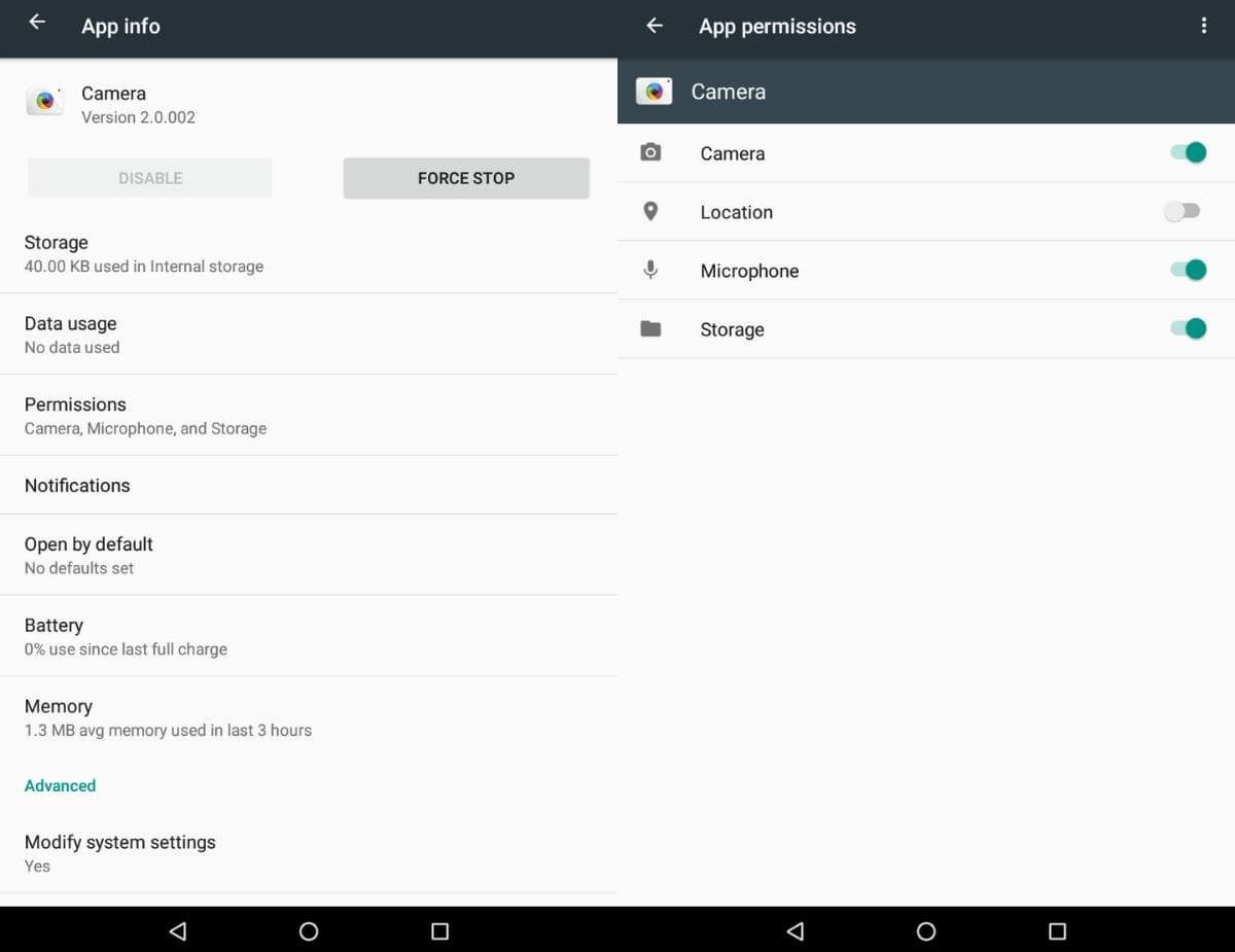 Disabling location permission for the camera app in Android.