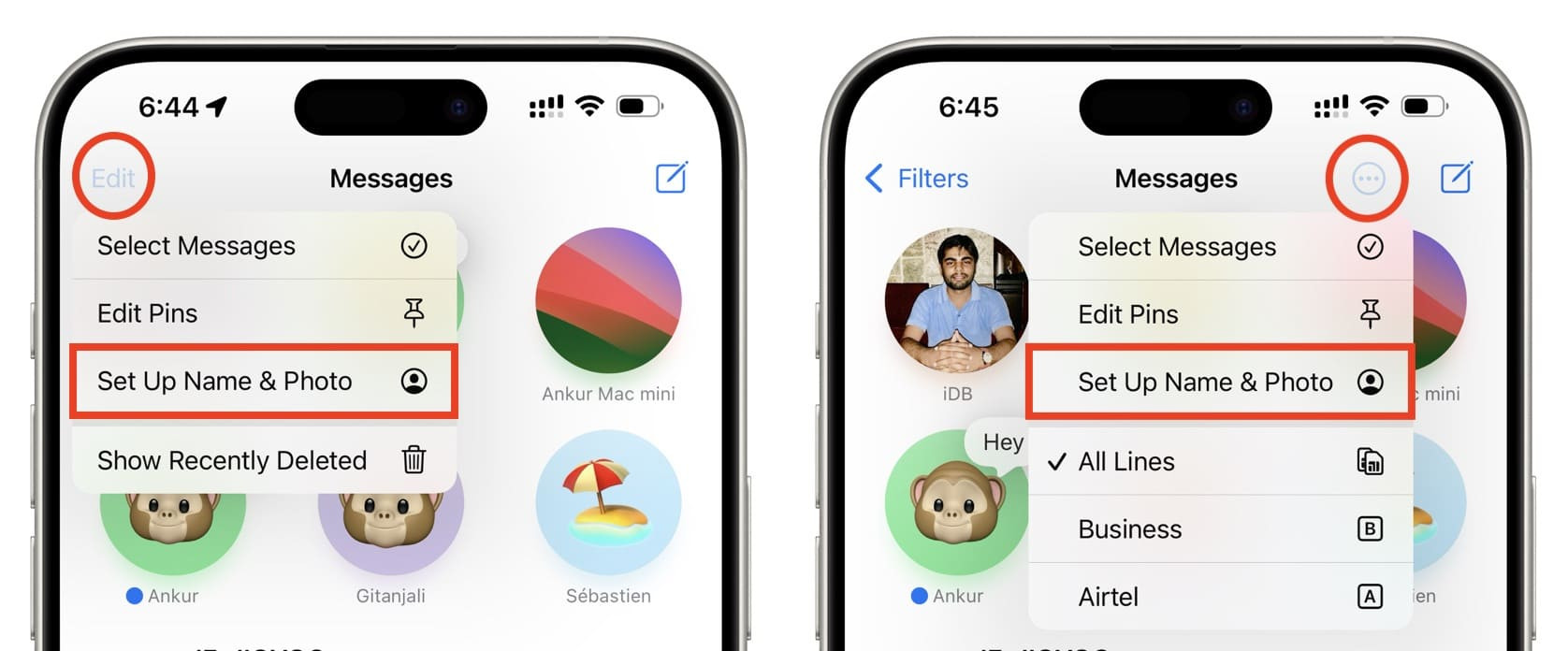Tap Edit or menu icon to Set Up Name and Photo in Messages app