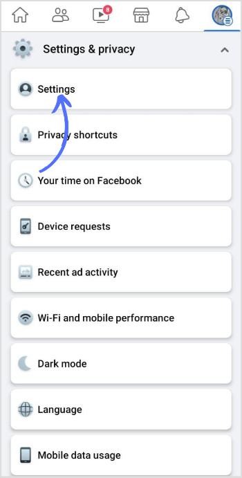 Choose Settings to Access Facebook Account Settings