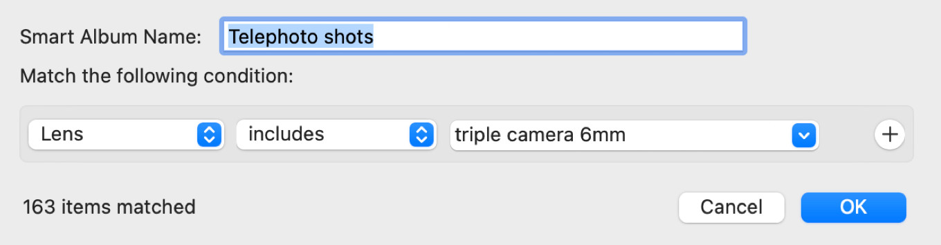 Screenshot of the Photos for Mac Smart Album creation window, showcasing the settings used to filter photos specifically taken with the iPhone telephoto lens.
