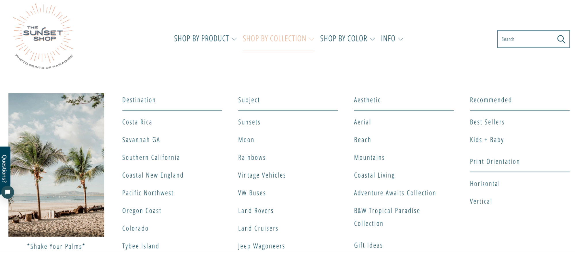 Example product categories on a photo print website including “Costa Rica”, “Sunset”, and “Mountains”, demonstrating effective portfolio organization.