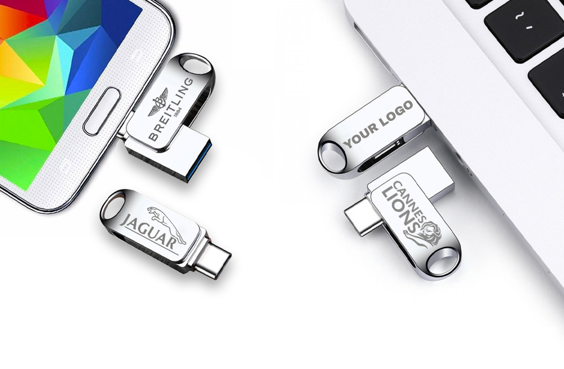 Dual connector flash drives with laser engraving