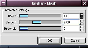 GIMP Unsharp Mask filter dialog box with example settings