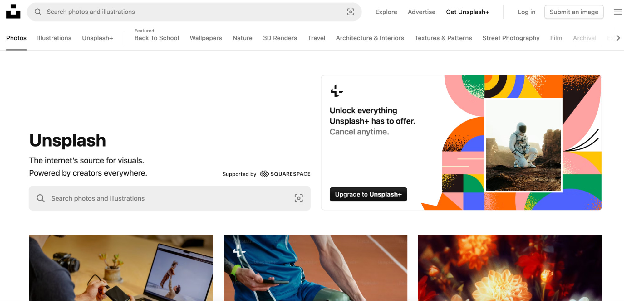 Unsplash homepage with stock photos and a call to action for Unsplash+ contributions.