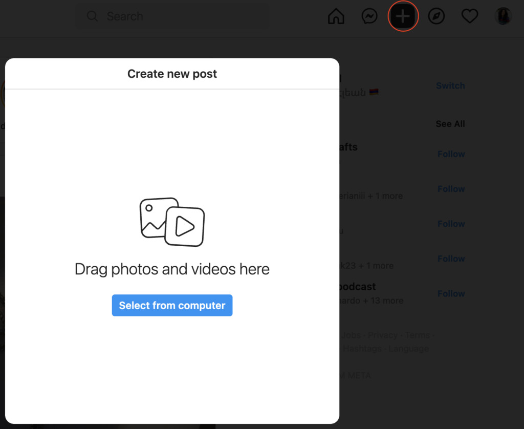 Screenshot of how to post to Instagram from desktop via the native app.