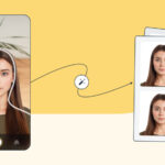 A photo showing a mobile biometric photo tool and perfectly-sized passport photos created with it