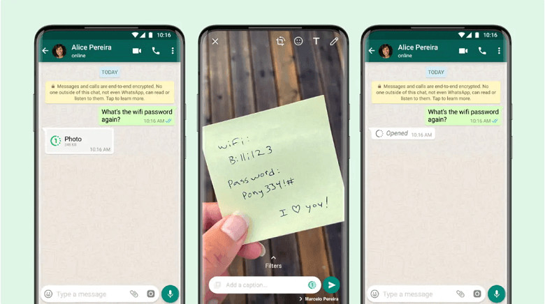 A phone screen showing a WhatsApp chat with a view once photo icon, highlighting the ephemeral nature of the feature.