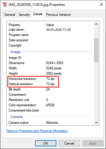 Image properties in Windows File Explorer