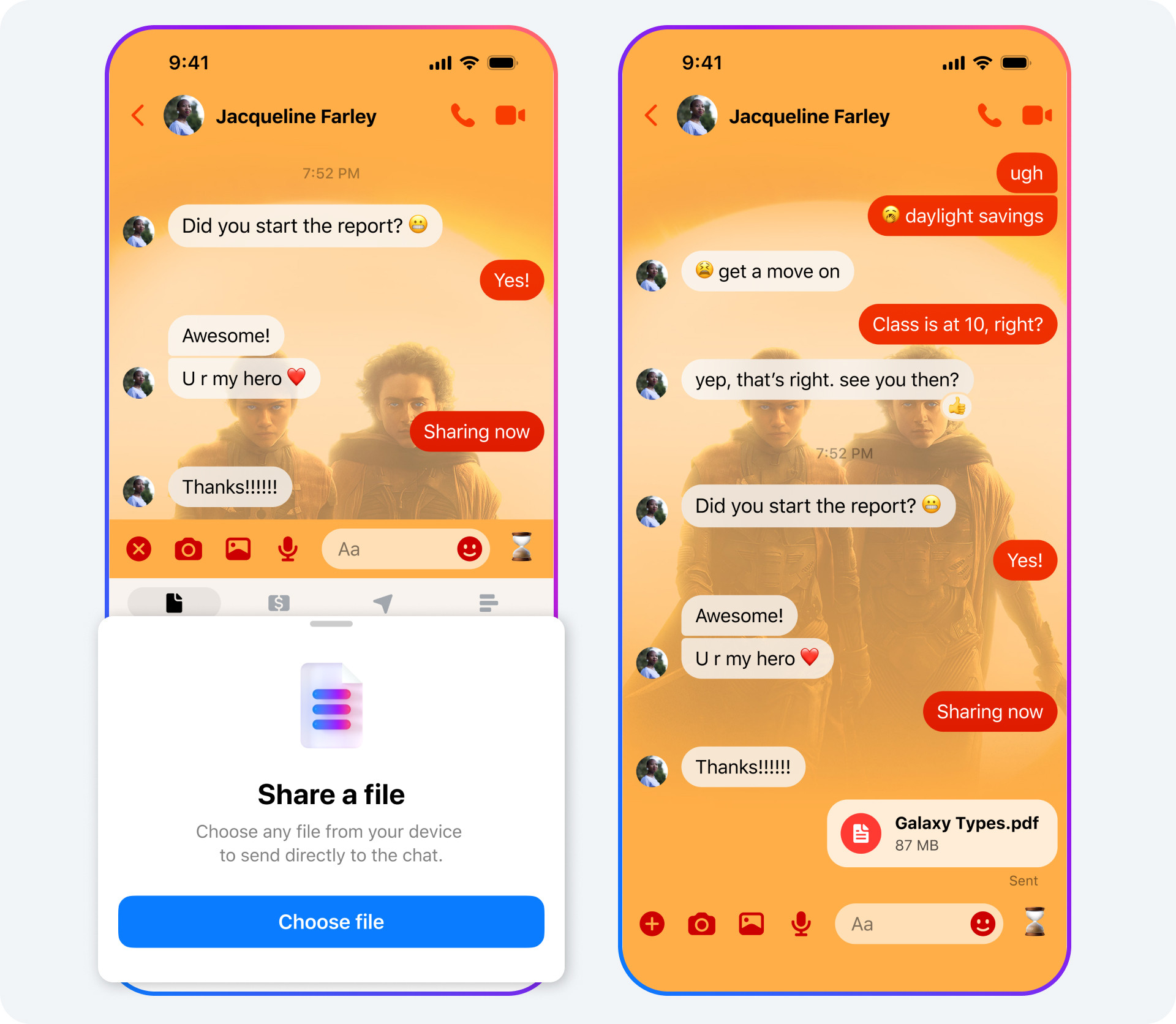 Two phone screens showing how to share a file in Messenger.