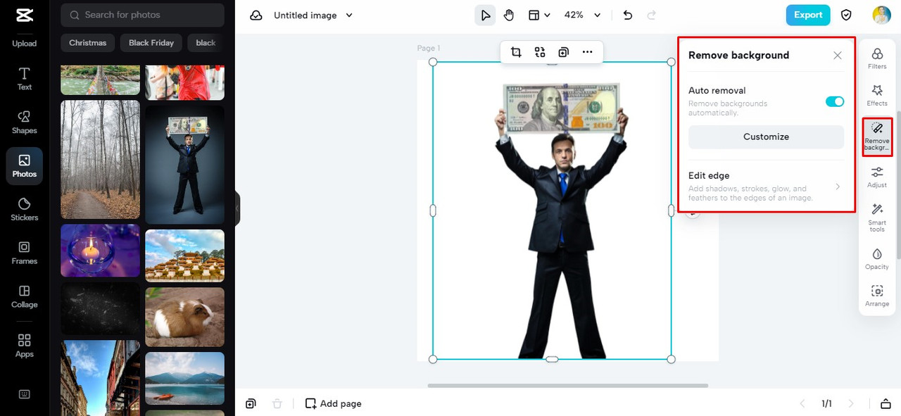 Remove the background from the photo using CapCut