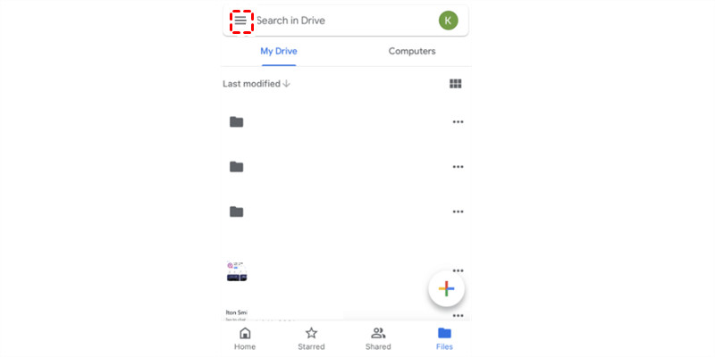 Access the settings menu by tapping the three horizontal lines in the upper-left corner of the Google Drive app