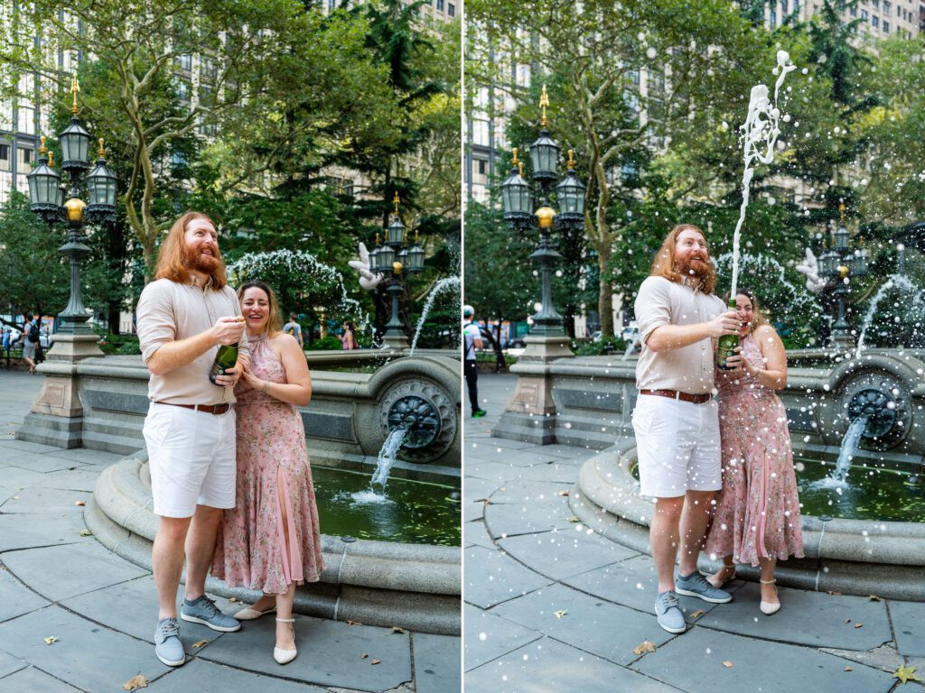Couple poses by fountain in City Hall Park