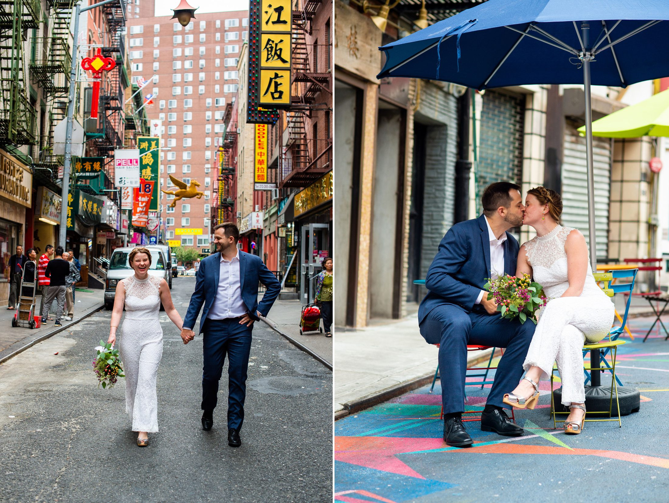 Wedding photos on bustling street in Chinatown