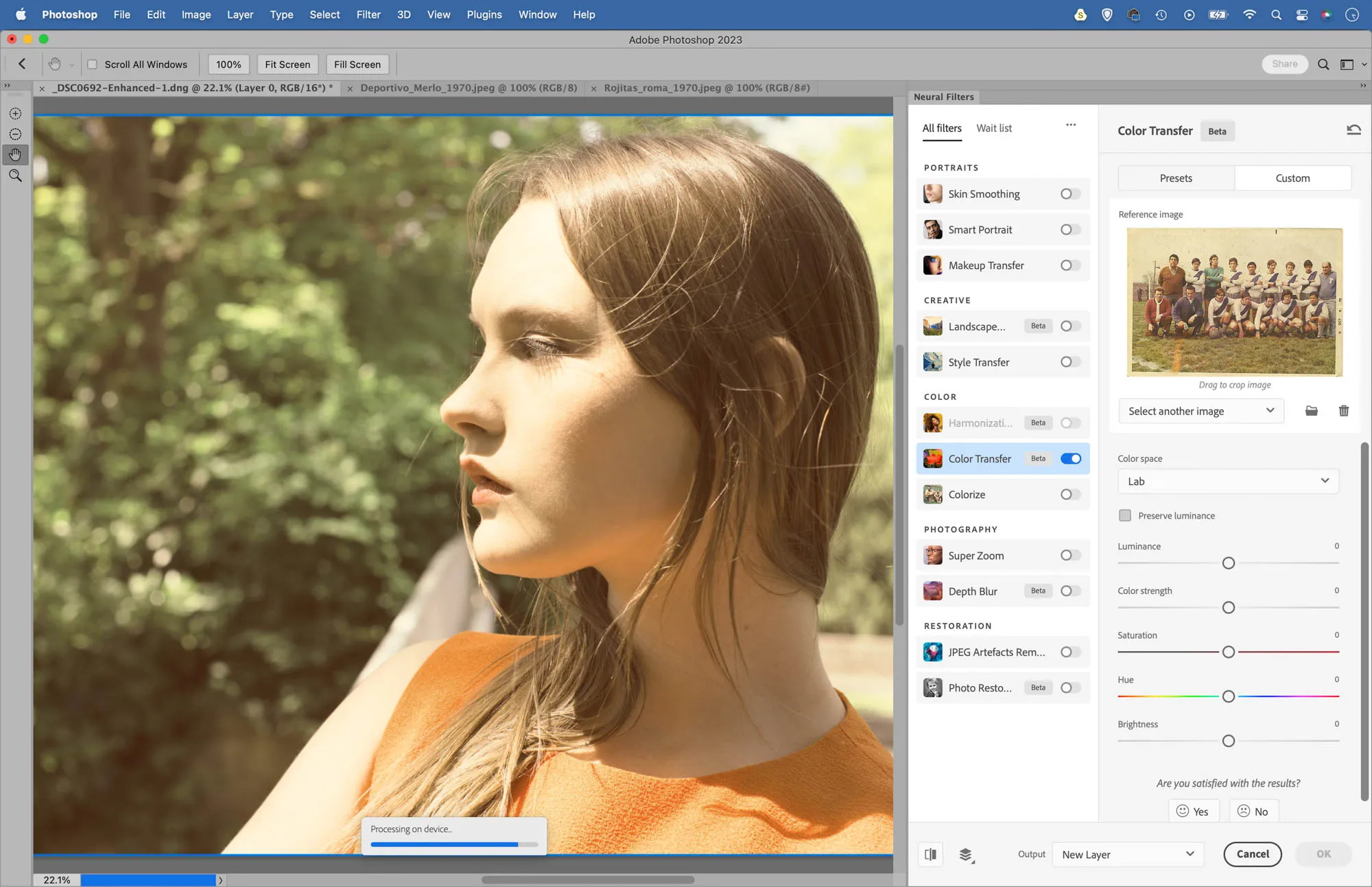 Example of color transfer from an old photo to a modern image.
