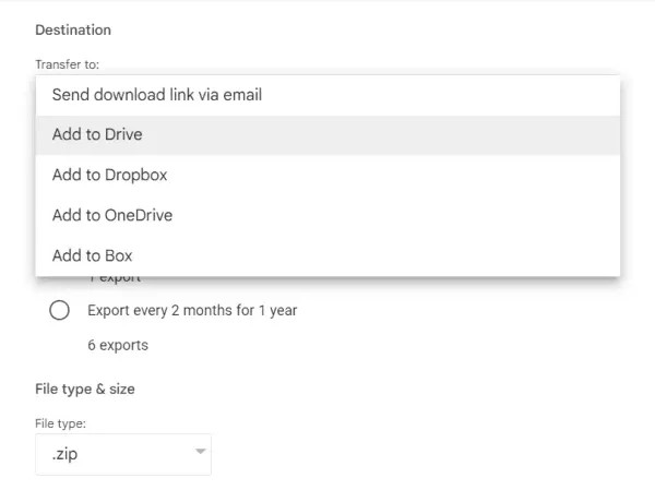 Destination options for Google Takeout including Add to OneDrive