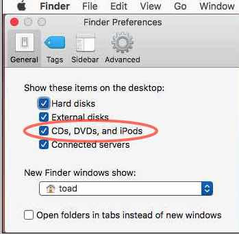 Finder preferences showing the CD/DVDs to show on the Desktop when mounted.