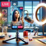 A woman uses a smartphone to record a TikTok video, focusing on a creative background created with Live Photos.