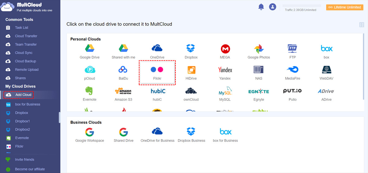 Add Flickr to MultCloud