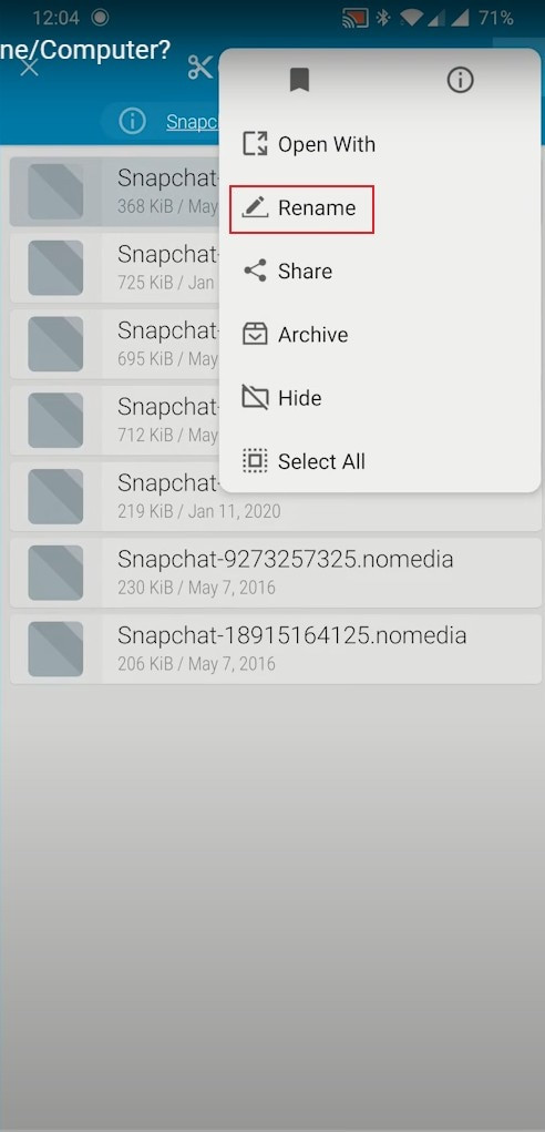 Removing the .nomedia extension to recover Snapchat photos on Android