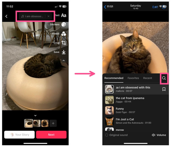 Adding audio to a TikTok carousel by tapping the audio tab